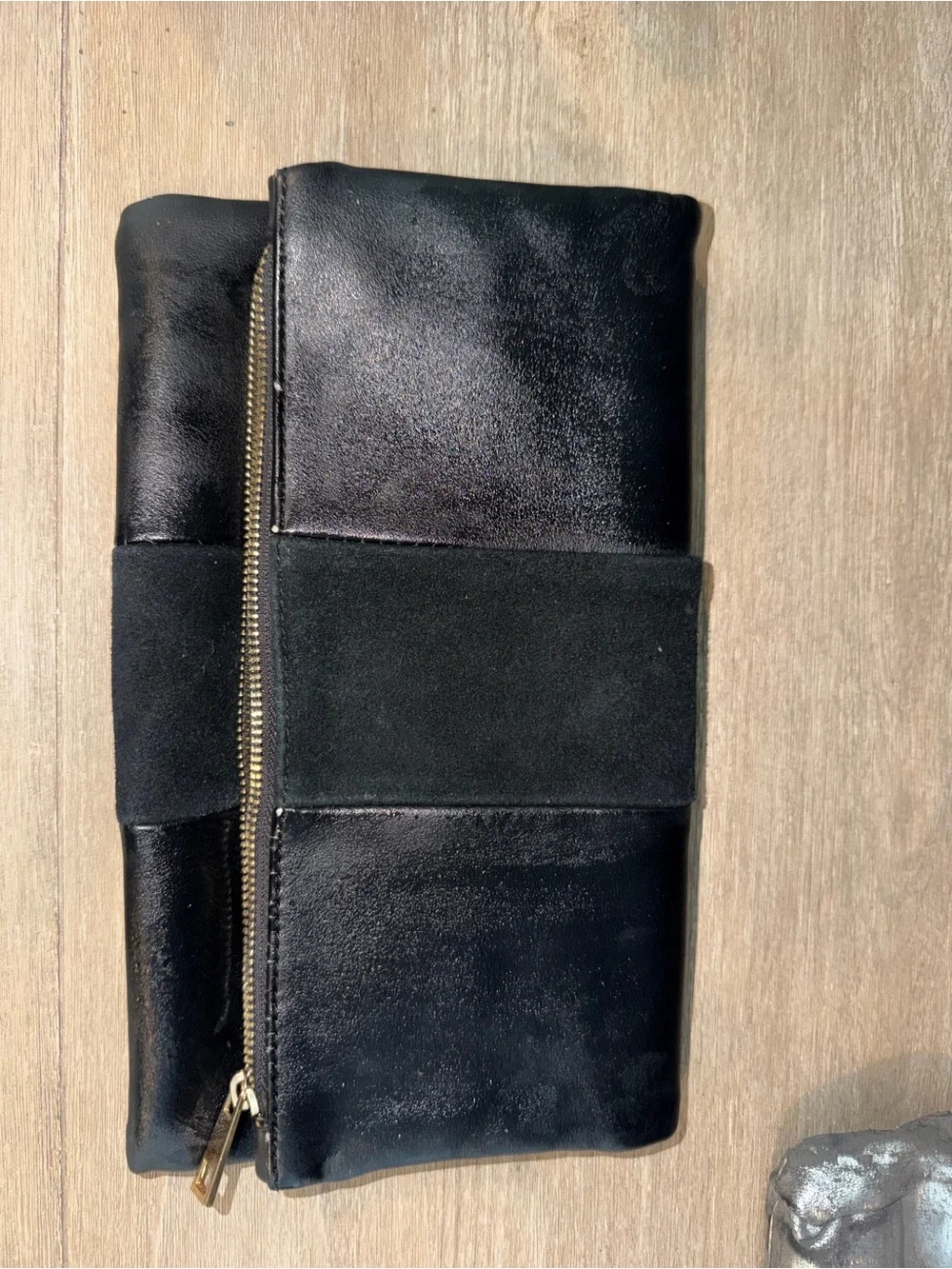 Nordstrom Black Leather & Suede Foldover Clutch with Gold Zip